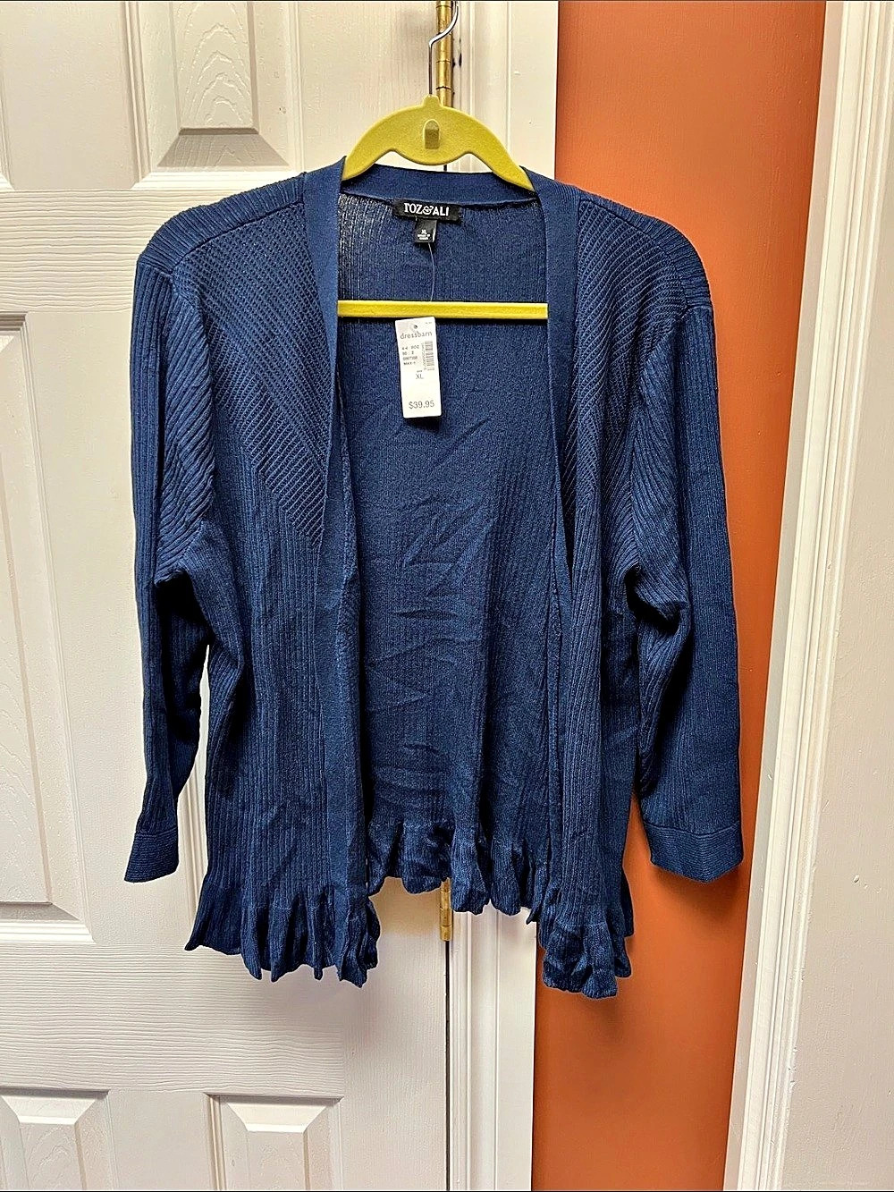 Roz & Ali Ruffled Open Front Cardigan in Blue XL NWT